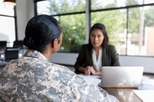 Veteran talking with counselor about military sexual trauma